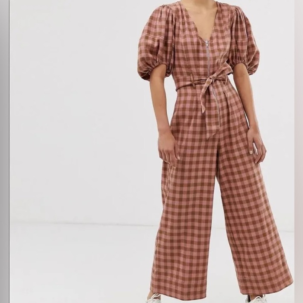 ASOS Puff Sleeve Pink Check Jumpsuit with Zip Front and Tie Waist